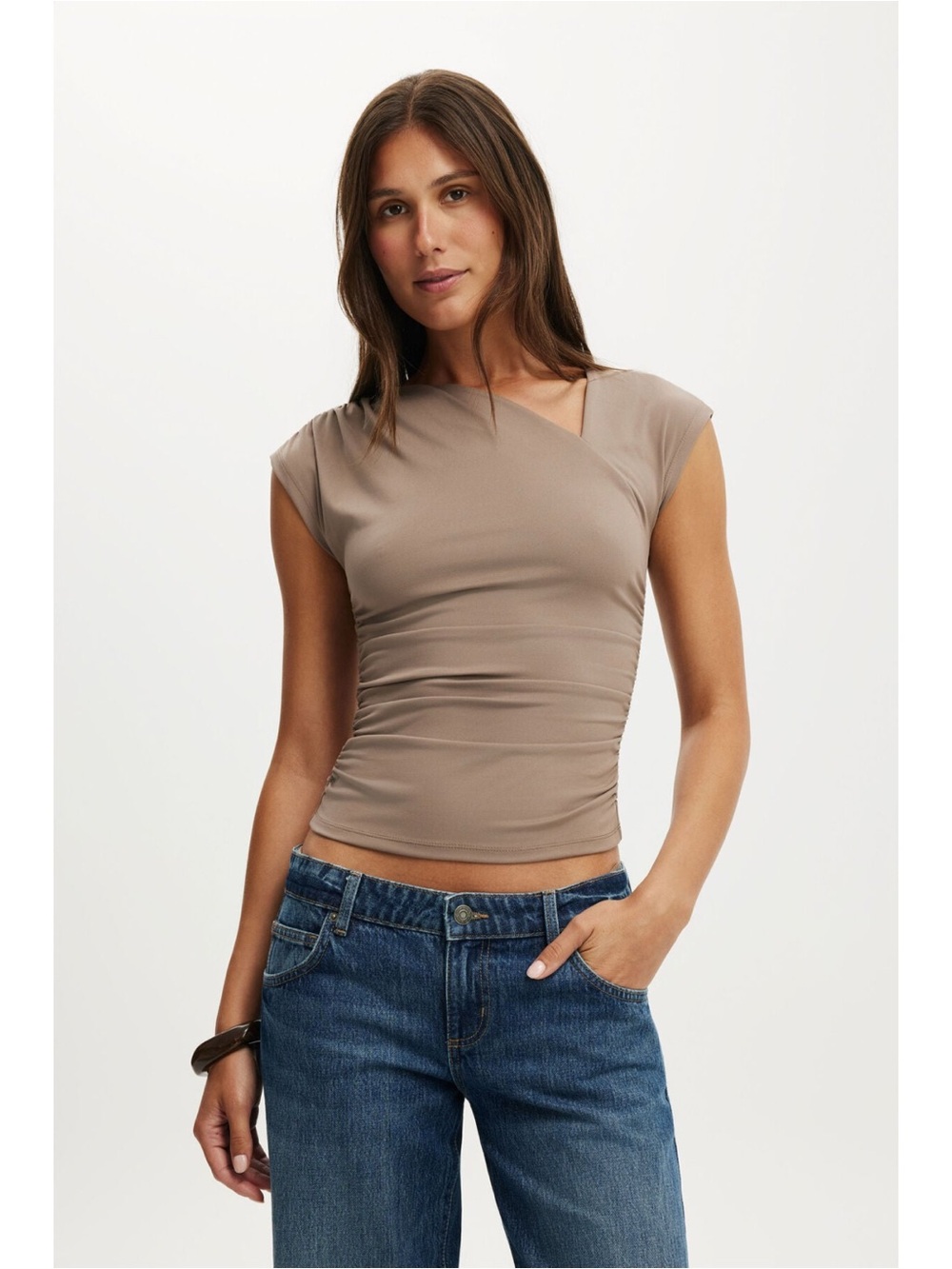 Cotton On Taupe Cap-Sleeve Ruched Crop Top